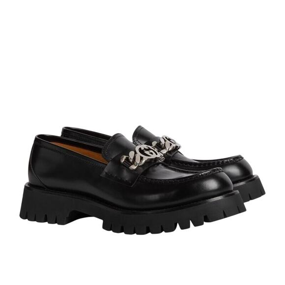 Gucci Interlocking G Chain 10/ US 10.5 Loafers Black Leather Lug Sole Shoes NIB - Picture 2 of 16